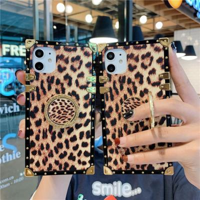 China Luxury Shockproof Leopard Print Plated Square Ring Stand Phone Case For iphone 13 12 pro 11 max X XS max XR 7 8 plus mobile covers for sale