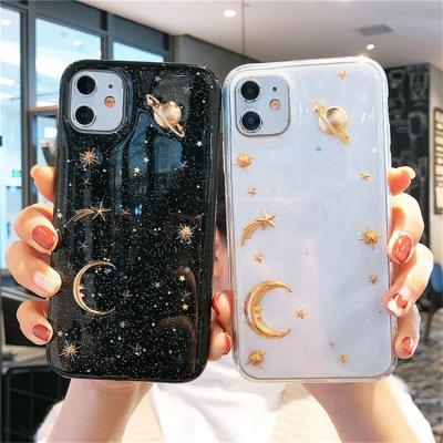 China Anti-drop Vintage Planet Glitter Stars Clear Phone Case For iPhone 12 11 pro XR Max XS XS 7 8 Max Plus Soft TPU Epoxy Back Cover for sale