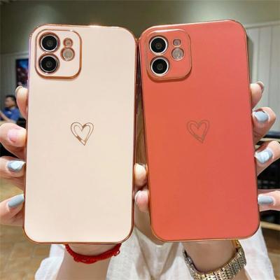 China new Electroplating Matte Gold Love Heart Phone Case For iPhone 12 11 pro XR max XS X max 7 8 plus 12 Mini Silicone Shockproof Cover for sale