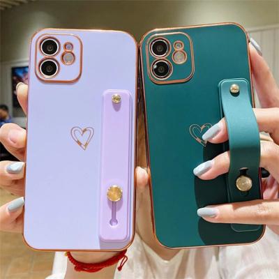 China Anti-drop Wristband Plating Bumper Love Heart Frosted Phone Case For iPhone 12 11 Pro XR Max XS X Max 7 8 Plus Soft Wrist Shockproof Cover for sale