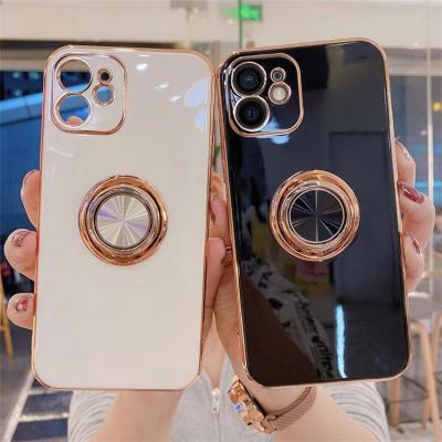 China Luxury Anti-fall Ring Holder Phone Case For iPhone 11 7 8 Plus Gold Plating Silicone Metal Stand Cover For iPhone 12 pro XS Max XR for sale