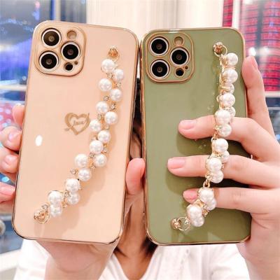 China Anti-fall 6D Plating Love Heart Bead Chain Phone Case Wrist Strap Chian Soft Back Cover For iPhone 11 12 pro 7 8 max plus X XR XS for sale