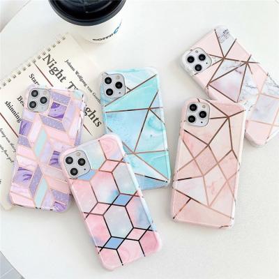 China Fashion Gold Geometric Marble Line Shockproof Phone Case For iPhone 13 12 11 pro X max XS max XR 7 8 plus glossy cover Anti knock Shell for sale