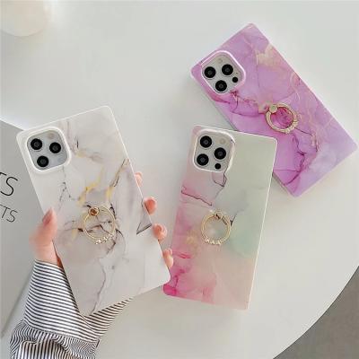 China Marble iPhone 13 Pro 11 12 XS Max XR Max X Shockproof Fashion Finger Ring Square Phone Case For 8 7 Plus IMD Cases Soft Back Cover for sale