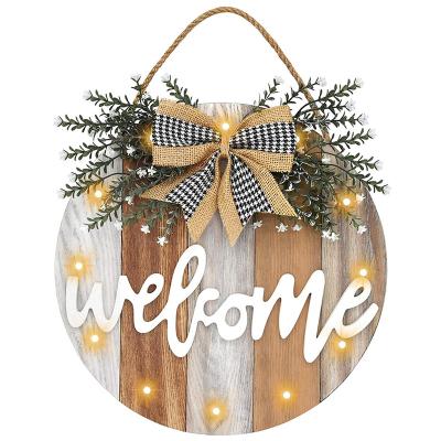 China Porch Wood Rural Wooden Door Farmhouse Round LED Decoration Front Entrance Europe Welcome Sign Home Hanging Decoration for sale