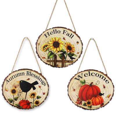 China Hot Selling Europe Welcome Autumn Plaque Sign Centerpiece Hanging Decorative Wooden Signs Hello Party Thanksgiving Table Decoration for sale