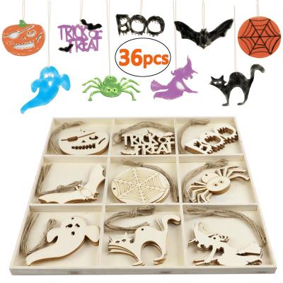 China Laser Cutting DIY Personalized Wooden Ghost Bat Halloween Ornaments For Party Halloween Decorations With String for sale