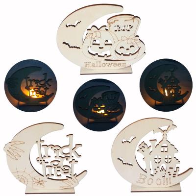 China Laser Cutting Wooden Sign Halloween LED Home Decor DecorationGifts Open Candlestick Light Stand for sale