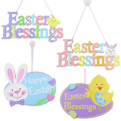 China Laser Cutting Wooden Door Hanging Flowers Alphabet Egg Rabbit Easter Decorations Crafts Family Garden Spring Party Hanging Decorations for sale