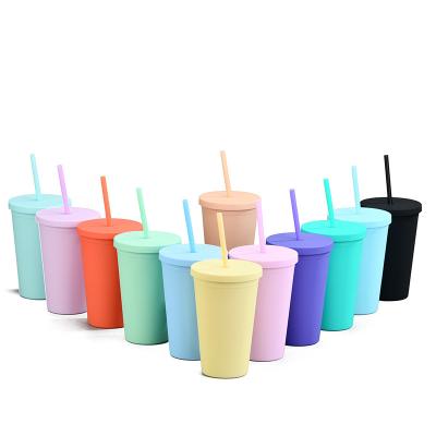 China Sustainable Reusable Tumbler Cups 16oz 24oz Matte Plastic Colorful Mugs Double Wall With Straw And Lid for sale