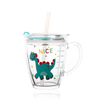 China Seaygift Viable Kids Cartoon Design Straw Measuring Milk Glass Drinking Cups Leak Proof Glass Tumblers For Drinking for sale