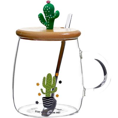 China Seaygift Cute Creative Shape Crystal Clear Reusable High Quality Viable Cactus Shape Coffee Milk Tea Glass Cup With Bamboo Spoon Lid for sale