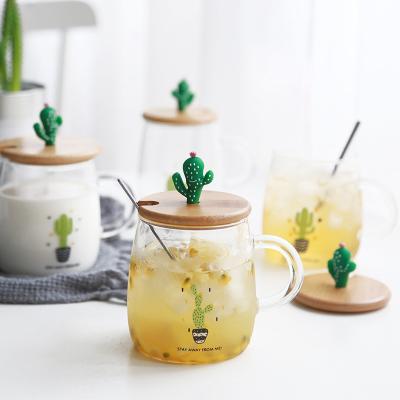 China Hot Sale Viable Seaygift Reusable Cute Cactus Drink Milk Tea Water Cup Coffee Mugs Glass Tumbler With Bamboo Spoon Lid for sale