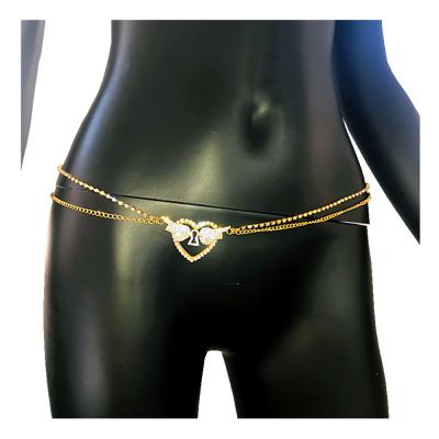 China Double Layered Angel Wings Rhinestone Belly Waist Romantic Heart Chain Factory Factory Gold Belly Chains Belt Women for sale