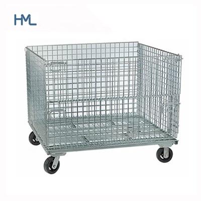 China Industrial welded Q235 warehouse huameilong mild steel folding stacking mesh metal cage with 4 wheels for sale