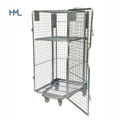 China Stackable Warehouse Stackable 4 Sides Galvanize Safety Metal Wire Mesh Cargo Storage Roll Container Collapsible Rolltainer With Door for sale