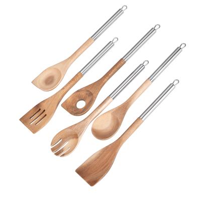 China Sustainable Wood And Food Grade Stainless Steel Kitchen Cooking Utensil Sets Cooking Tools for sale