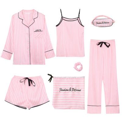 China Pink 7 Pieces QUICK DRY Women'S Pajamas Sets Faux Silk Striped Women's Pajamas Sleepwear Sets Spring Summer Homewear for sale