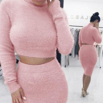 China Winter anti-static casual women fall clothing ladies clothes 2021 crop furry warm top and short skirt dress teams 2 pc two-piece set for sale