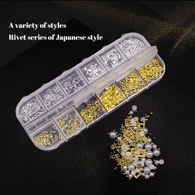 China Wholesale Mixed Multi Modeling Design 3D Mixed Metal Modeling 12 Grid Nail Rivet Metal Sheet Bead Hollow Microdrill Ring Manicure Set DIY for sale