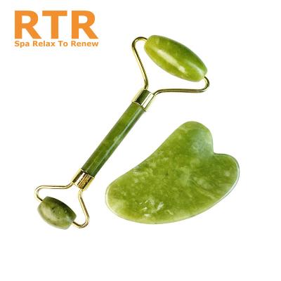 China Face Lift Wholesale natural original green xiuyu jade face massage roller and gua sha tools set for sale