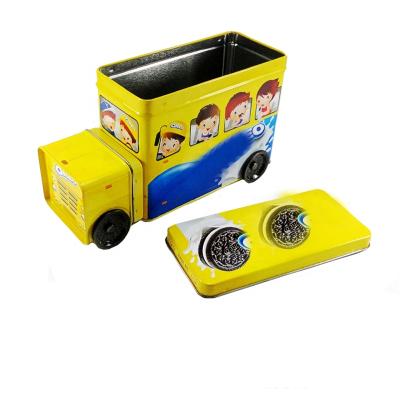 China Food Gift Novelty Bus Car Shape Kids Tool Food Grade Tin Box Blue Train Truck Package Shaped Candy Cookie Tin Wholesale for sale