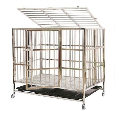 China Breathable Luxury Folding Stainless Steel Pet Cage Metal Roof Kennel With Bottom Drawer Tray Wheels for sale