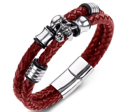 China 2021 FASHIONABLE Steel and Leather Skull Men's Bracelet Men's Skull Bracelet Bracelets for sale