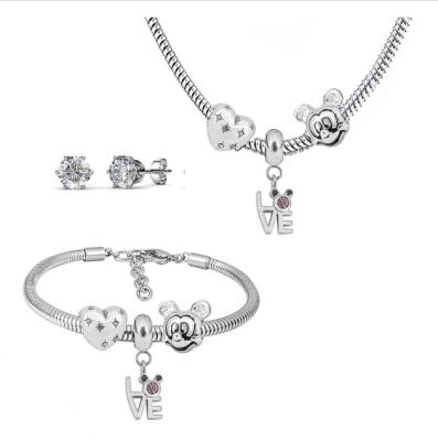 China Cute Kids Stainless Steel Mickey Charm Bracelet Non Tarnish Necklace Bangle Earring Set for sale