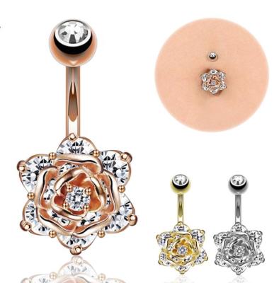 China Trendy Rose Flower Trendy Zircon Belly Button Rings Top Down Belly Rings for sale