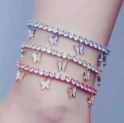 China FASHIONABLE Cheap Small Gold Butterfly Anklet Pink Butterfly Tennis Anklet for sale