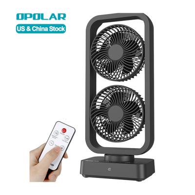 China OPOLAR 10000mAh Rechargeable Hotel Battery Tower Fan with Two Fan Heads 3 Speed ​​Shaking Table Fan with Remote Control for sale