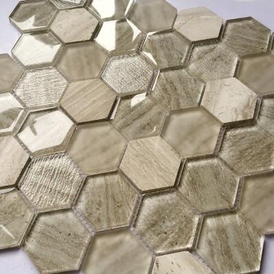 China Parquet 300x300mm Interior Decoration Bathroom Hexagonal Glass Mosaic Slab Te koop