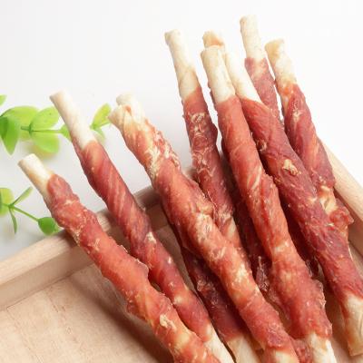 China Myjian Viable Natural Duck Meat Chips Dog Treat Duck and Bleached Organic Cowhide Chew Stick Dog Treat Green Leather for sale