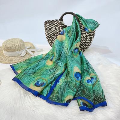 China Long Fashion Women Printing Shawls Malachite Green Peacock Feather Silk Head Hijab Scarf for sale