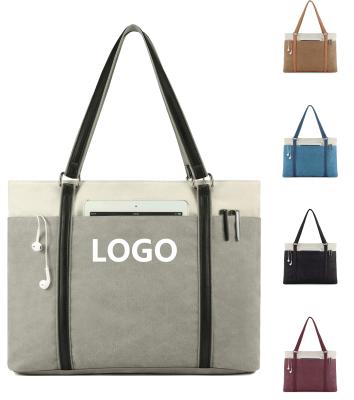 China Fashion OEM Eco Heavy Canvas Tote Bag For Laptop 15.6 Inch Extra Large Shoulder Handbag Purse Tote Bags With Zipper And Pockets for sale