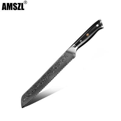 China Sustainable Top Quality 67 Layer Damascus 9 Inch Serrated Bread Knife Cooking Knife for sale