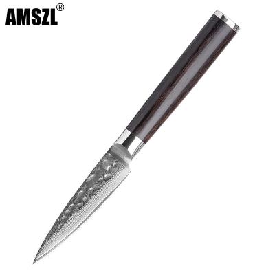 China Durable Real Steel Damascus Knife Super Sharp Cute Small Paring Knife With Ebony Wood Handle for sale