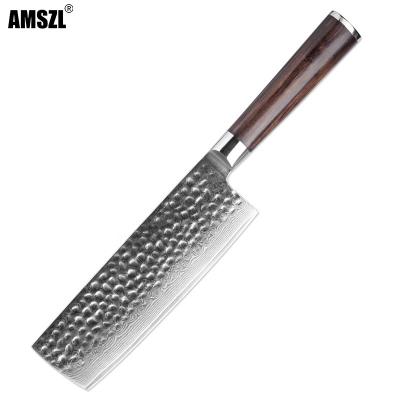 China 67 viable layers of real Damascus pattern knife vegetable knife non-sticking hammered nakiri steel for sale