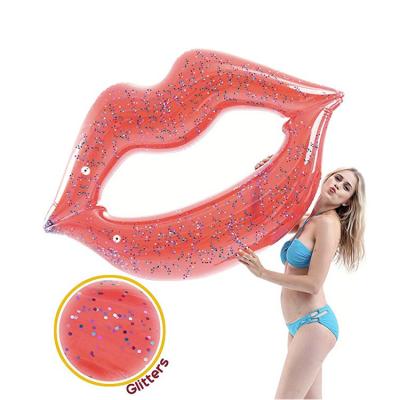 China custom transparent 0.3mm PVC sequins swimming liners lips shape inflatable pool float swim ring floats raft for sale