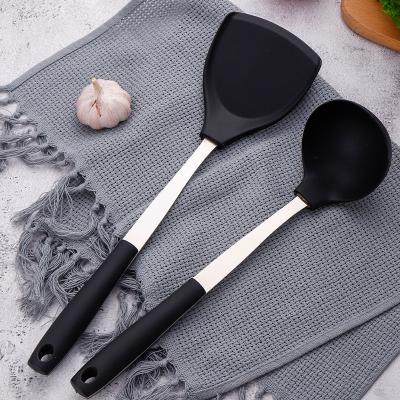 China Sustainable Round Handle Kitchen Tools Spatula Pot and Spoon Scoops Cookware Set Stainless Steel and Silicone Kitchenware for sale