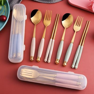 China Viable Gold Spoon Sets Stainless Steel Spoon Fork Chopsticks 3 Pcs Wheat Straw Plastic Handle Outdoor Picnic Tableware Set for sale