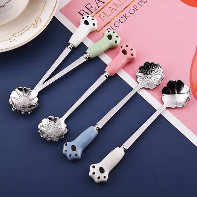 China Viable Flower Spoon 2 Pcs Set Stainless Steel Color Ceramic Claw Handle Kids Children Multi Spoon Set for sale