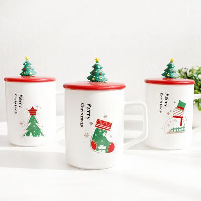 China Feiyou Viable 2021 Custom New Design 350ml Santa Gifts Milk Cup Cute Christmas Ceramic Coffee Mugs With Lid And Spoon for sale