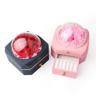 China Portable Rose Ring Wedding Led Light Immortal Flower Storage Black Box Gift Box for sale