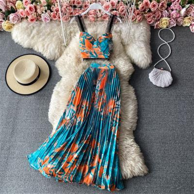 China Summer Anti-Static Bohemian Style High Waist Pleated Two Piece Set Long Maxi Elegant Casual Dress Summer Dress Women Lady Elegant for sale