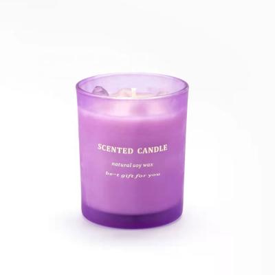 China Custom Luxury Crystal Candles Soy Wax in Purple Glass Jar, Scented Soy Wax Candle with Gemstone, Factory Price Hot Sale Jar Candles for sale