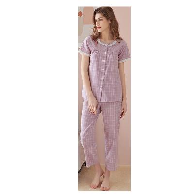 China Breathable short-sleeved fashion red spring of the new 2021 pure cotton high-end women's pajamas and net summer suit couples service at home for sale