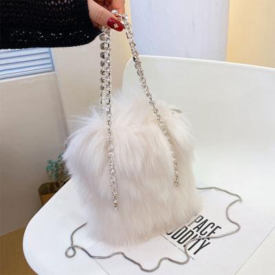 China New Fashion Faux Fur Plush Bucket Handbags Diamond Chain Straps Women Sling Shoulder Bag Designer Luxury Cross - Body for sale