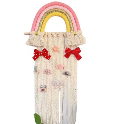 China Europe Hand - Woven Hair Accessories Kids Hairpin Storage Belt Wall Hanging Decor For Babies Room Rainbow Tassel Hair Bow Rack à venda